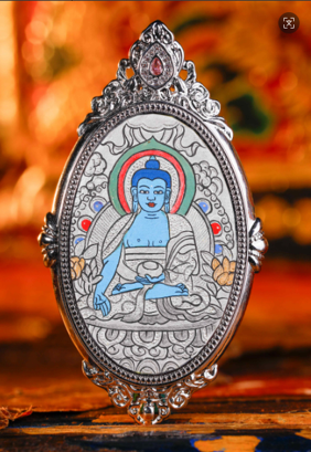 0207XZ50-雪堆白唐卡-橢圓銀唐藥師佛（A50）