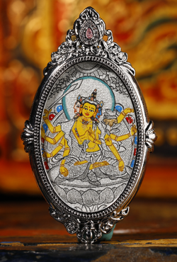 0207XZ59-雪堆白唐卡-橢圓銀唐八臂文殊（A59）