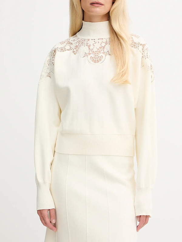 TWIN-SET 立領拚蕾絲短上衣(米白)