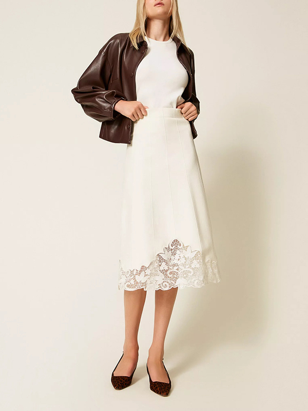 TWIN-SET 下擺蕾絲拼接裙 (米白)