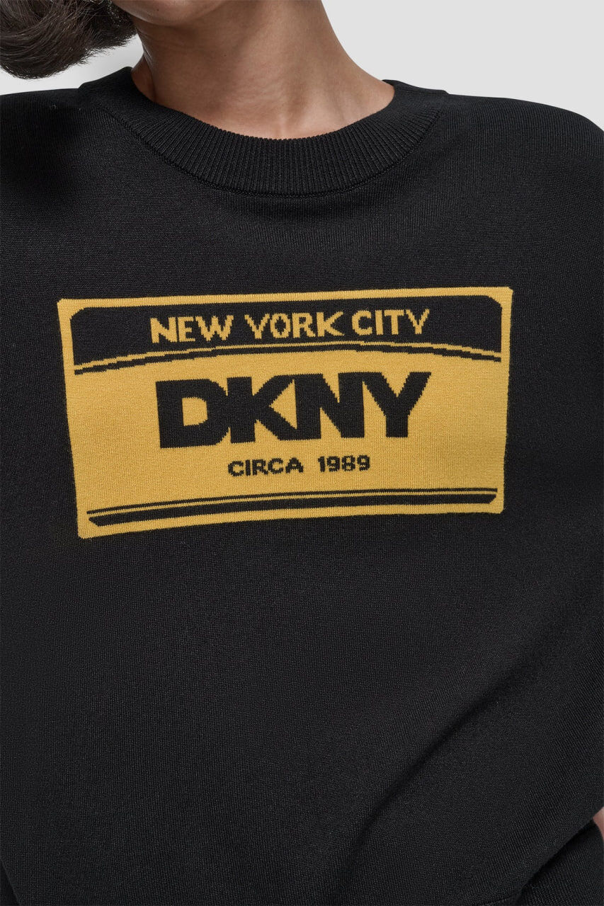 [S] DKNY BLACK/SUNSET YELLOW LONG SLEEVE LICENSE PLATE LOGO SWEATER, P5MSBY35-0Q6 (SD1669)