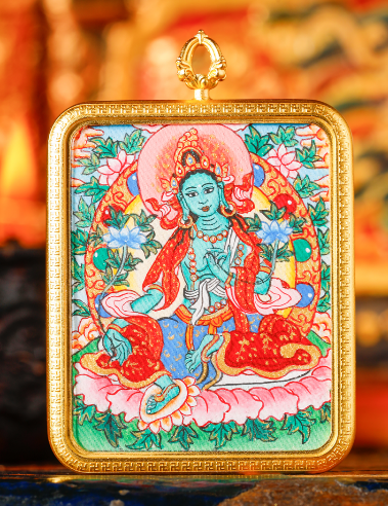 0207XZ114-雪堆白唐卡-綠度母法座（A114）