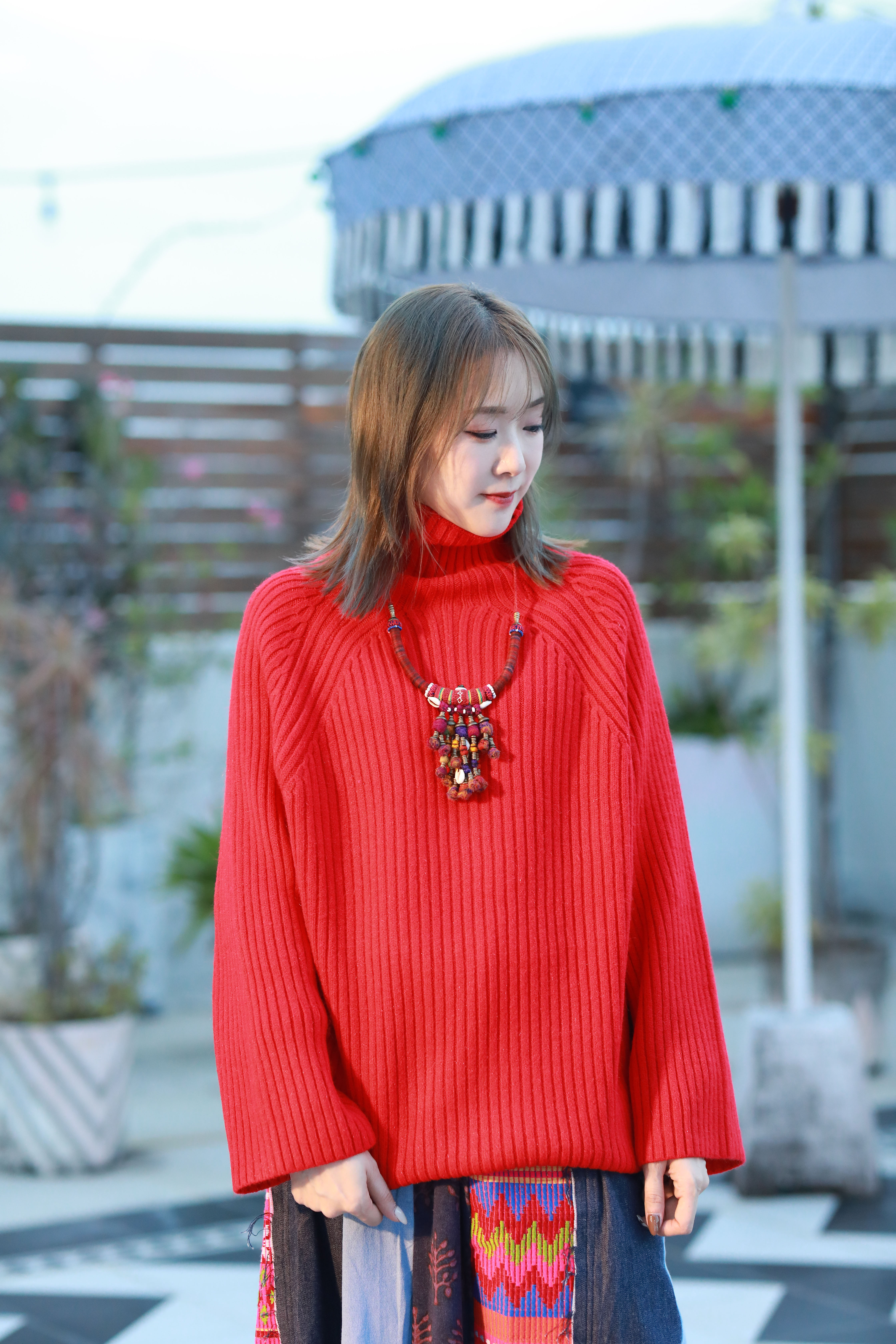 Micalle Micalle 高領羅紋針織衫 - MRH112NAD - 紅色 (0206)