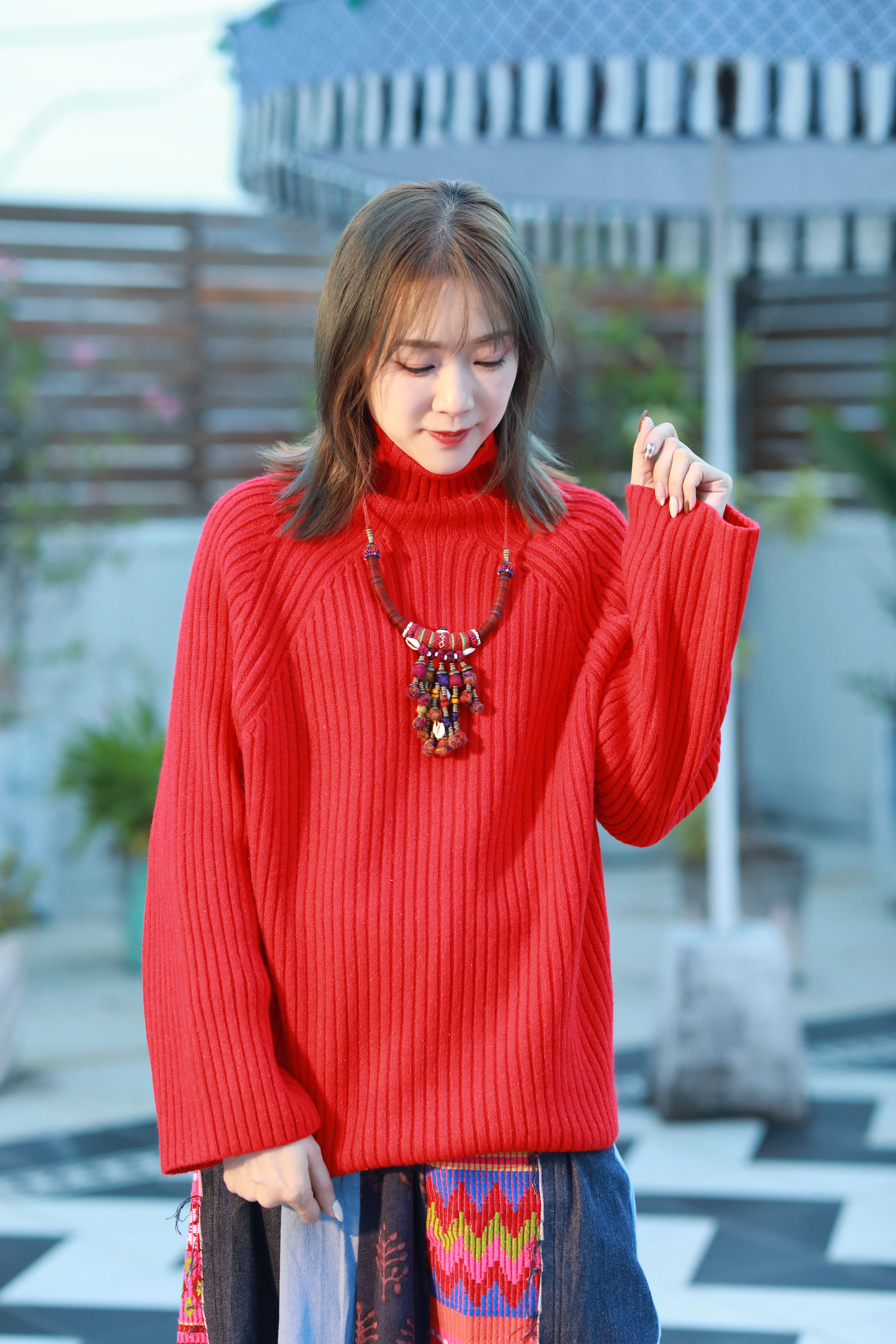 Micalle Micalle 高領羅紋針織衫 - MRH112NAD - 紅色 (0206)