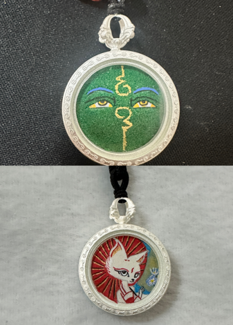 0207XZ163-雪堆白唐卡-2.0雙面打傘小狐＋綠度母（A163）