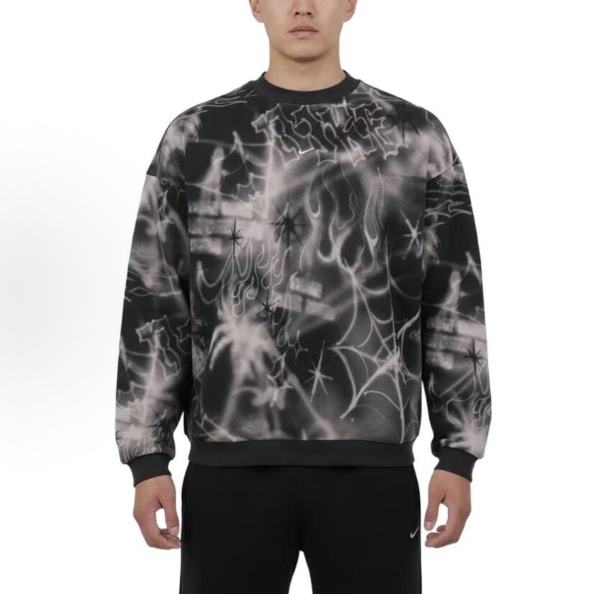 男款 NIKE THERMA-FIT TEE 黑色 小標 滿版 印花 內刷毛 寬鬆 大學T 保暖 衛衣 長T【IF1584-010】NKTF