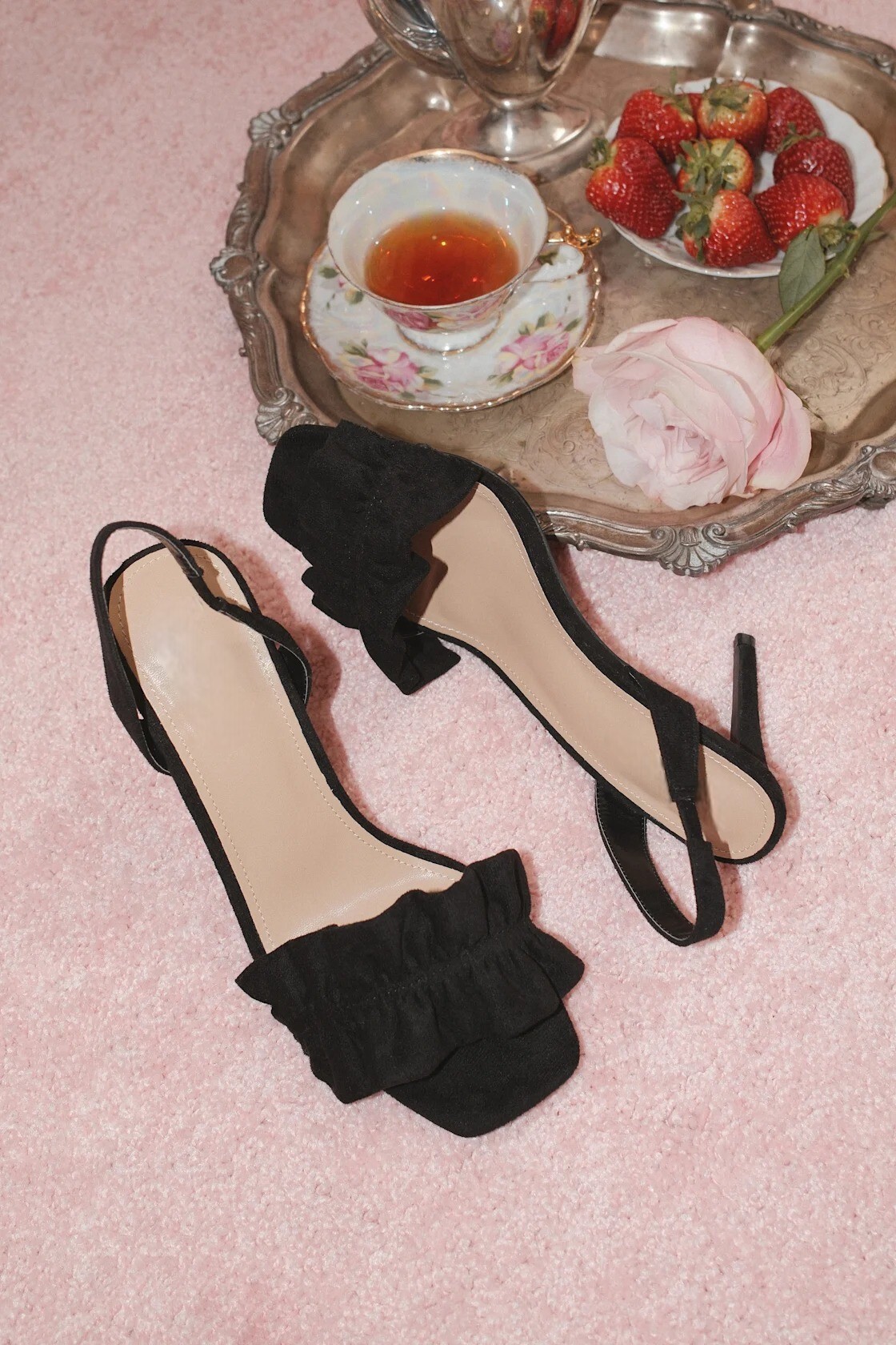 USA黑色荷葉抓皺 Vegan麂皮高跟鞋