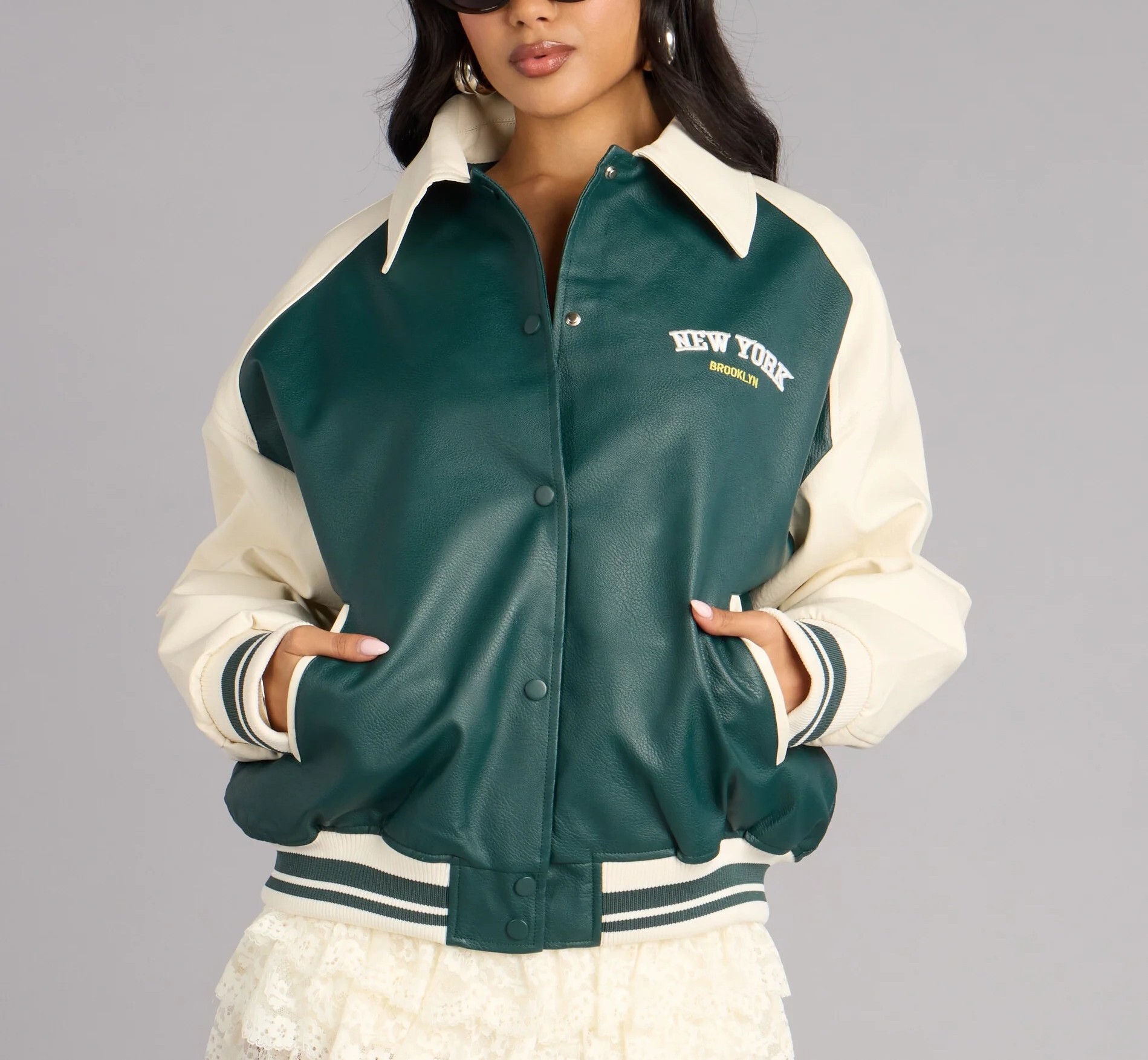 Brooklyn Girl綠白色紐約飛行Vegan皮外套