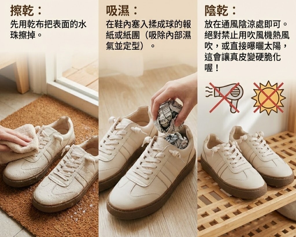 真皮鞋雨天保養教學，強調擦乾、塞報紙吸濕與通風陰乾的重要性，避免使用吹風機或曝曬導致皮革損壞。