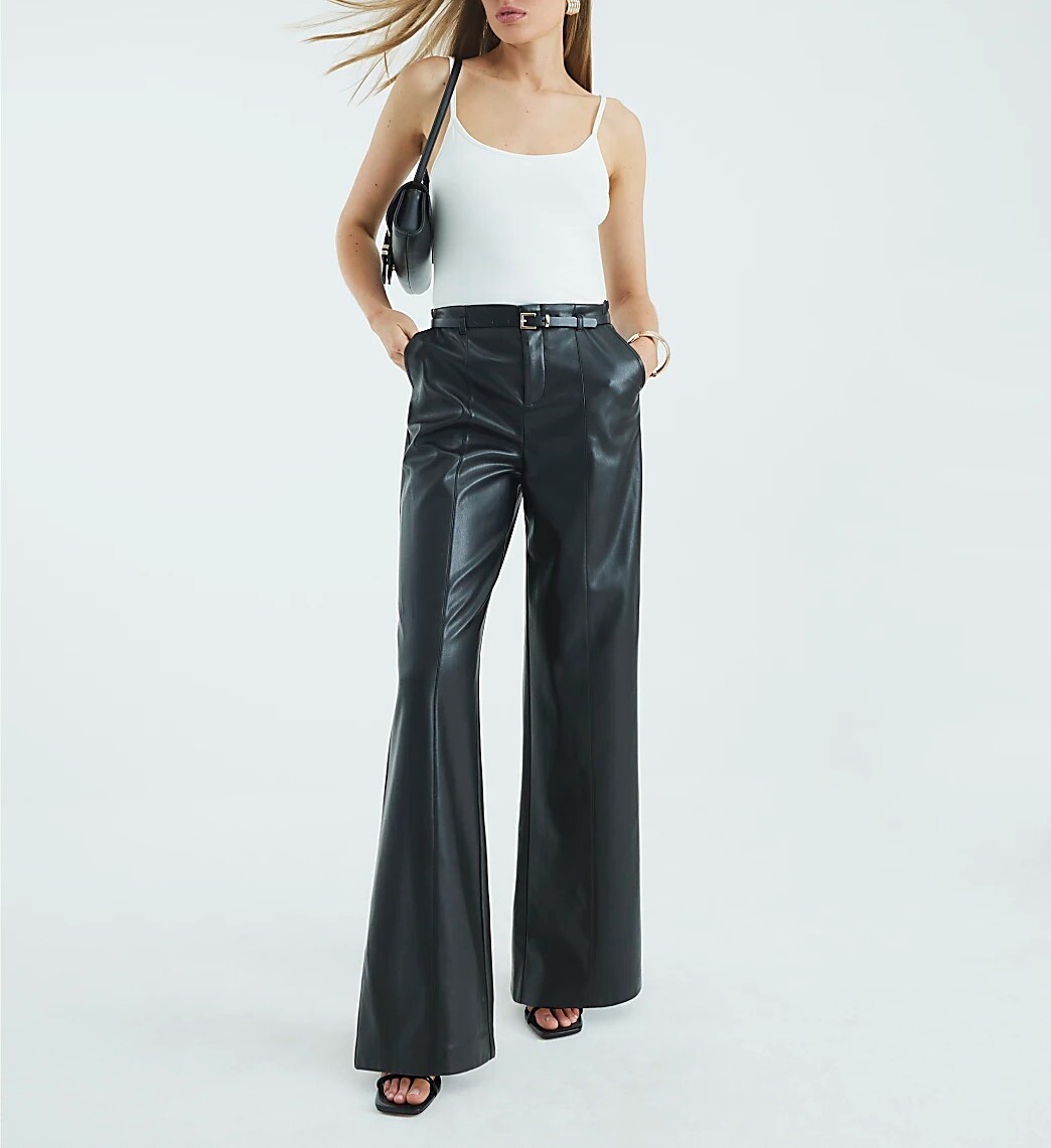 Black黑色腰帶打褶 Vegan皮革長寬褲