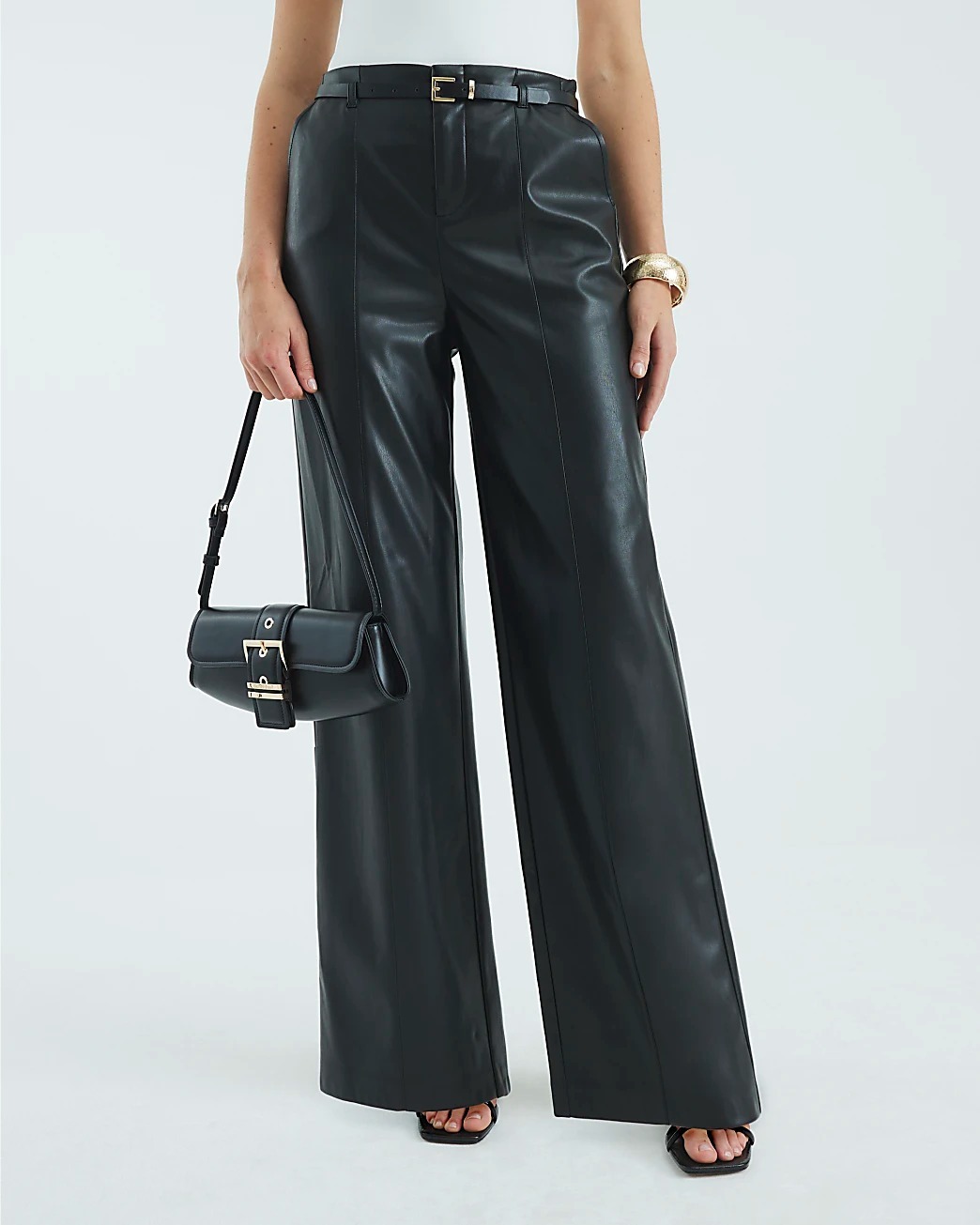 Black黑色腰帶打褶 Vegan皮革長寬褲