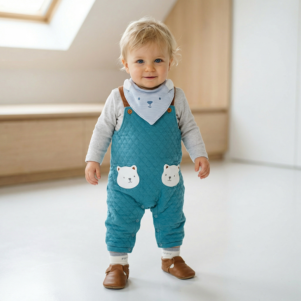 PIPPY 兩件式可愛立體小熊吊帶褲4入組禮盒 藍