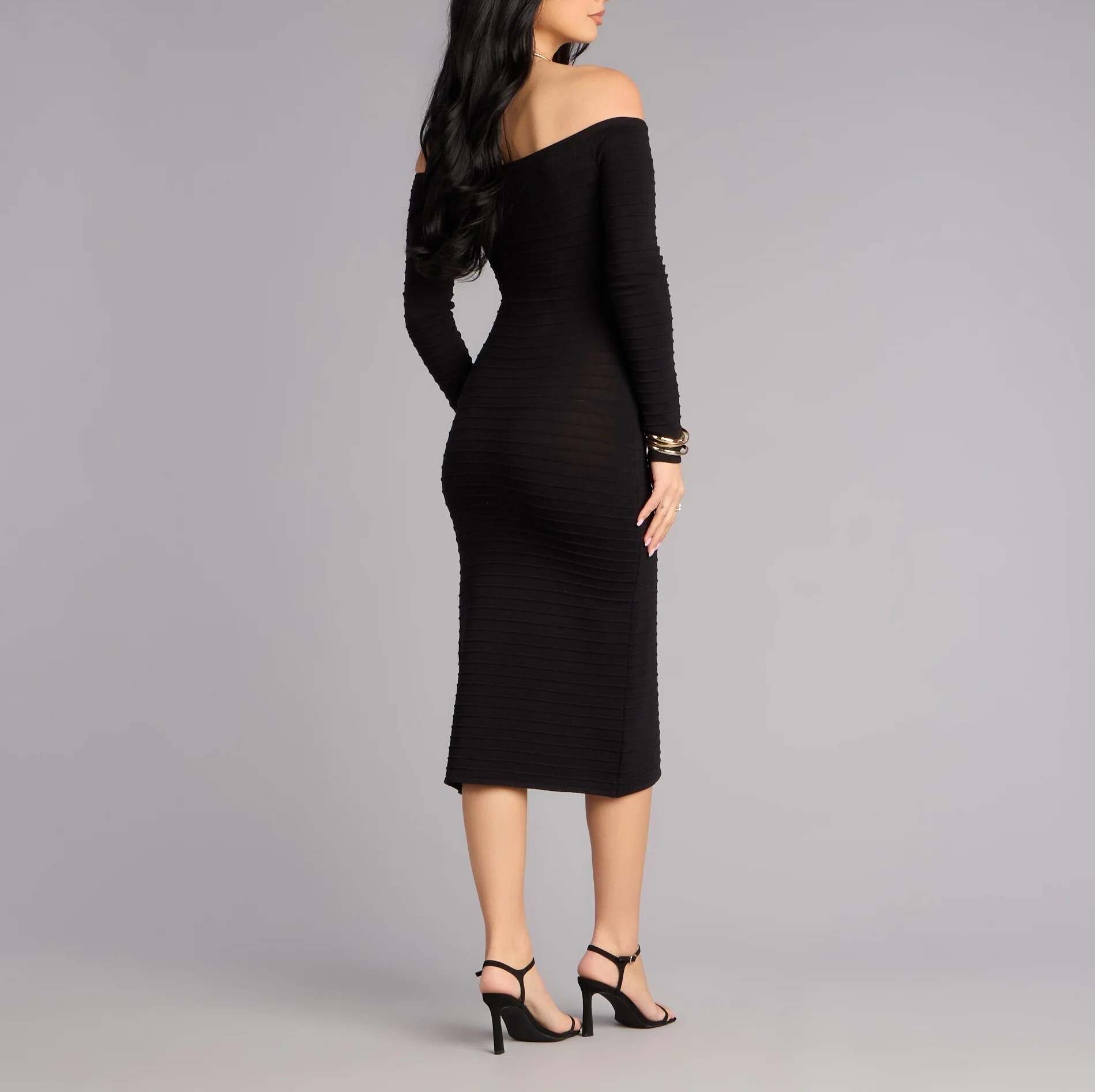 Black Alluring黑色露肩Cutout羅紋針織Midi Dress