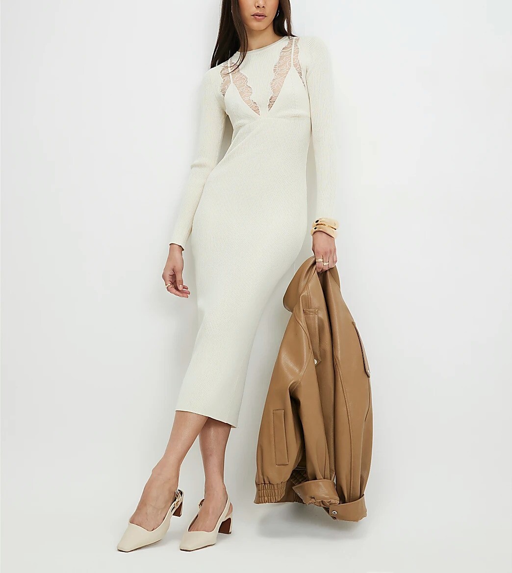 Lace Knit奶油白色透膚蕾絲針織洋裝