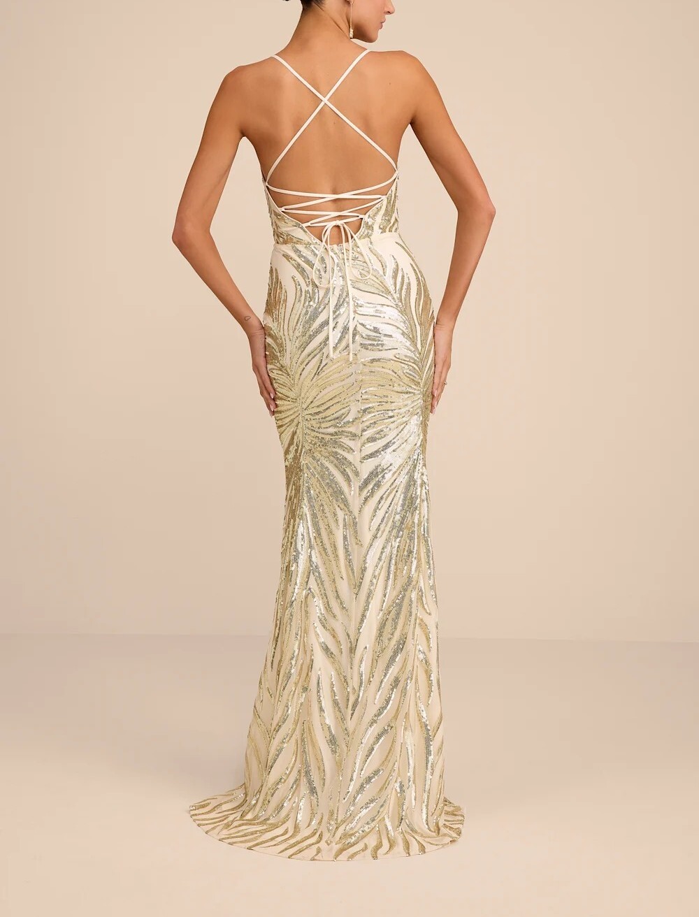 Gold Sparkle金色奢華抽象圖紋亮片露背綁帶人魚Dress