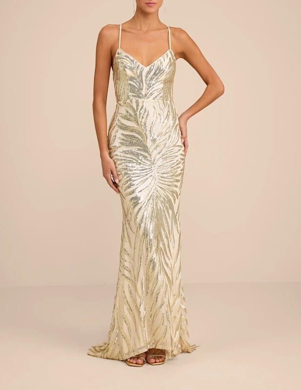 Gold Sparkle金色奢華抽象圖紋亮片露背綁帶人魚Dress