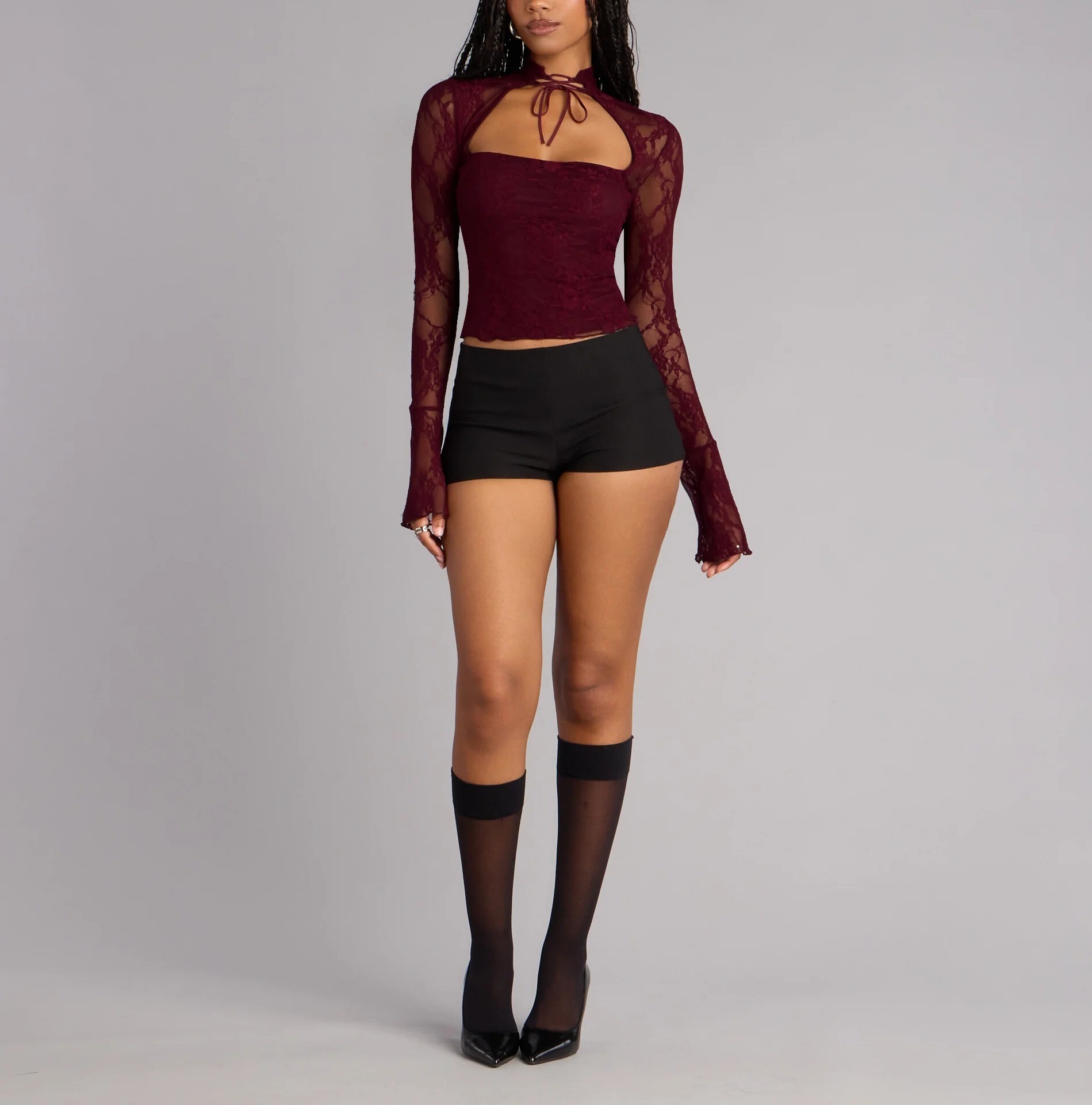 Burgundy勃根地酒紅色綁脖蕾絲短上衣
