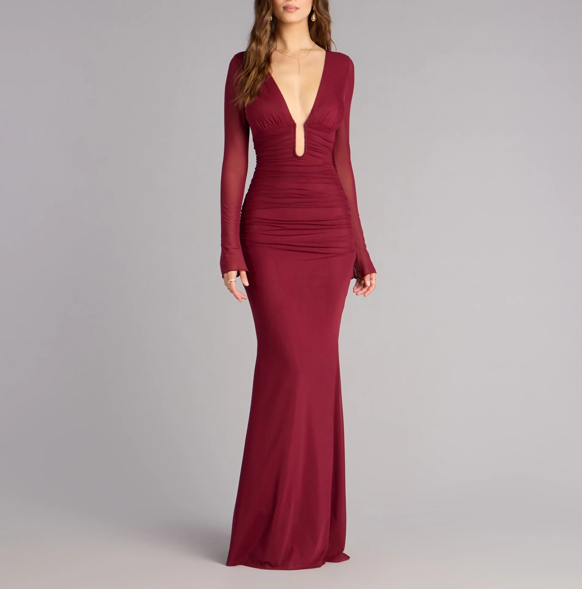 N.Y Night酒紅色深V 透紗魚尾長洋裝