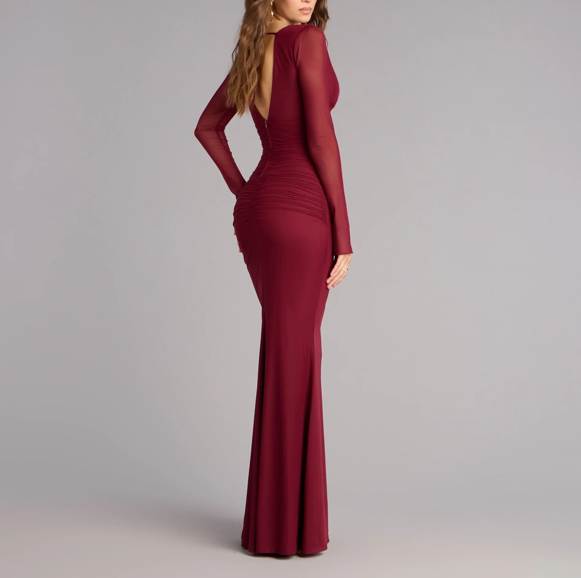 N.Y Night酒紅色深V 透紗魚尾長洋裝