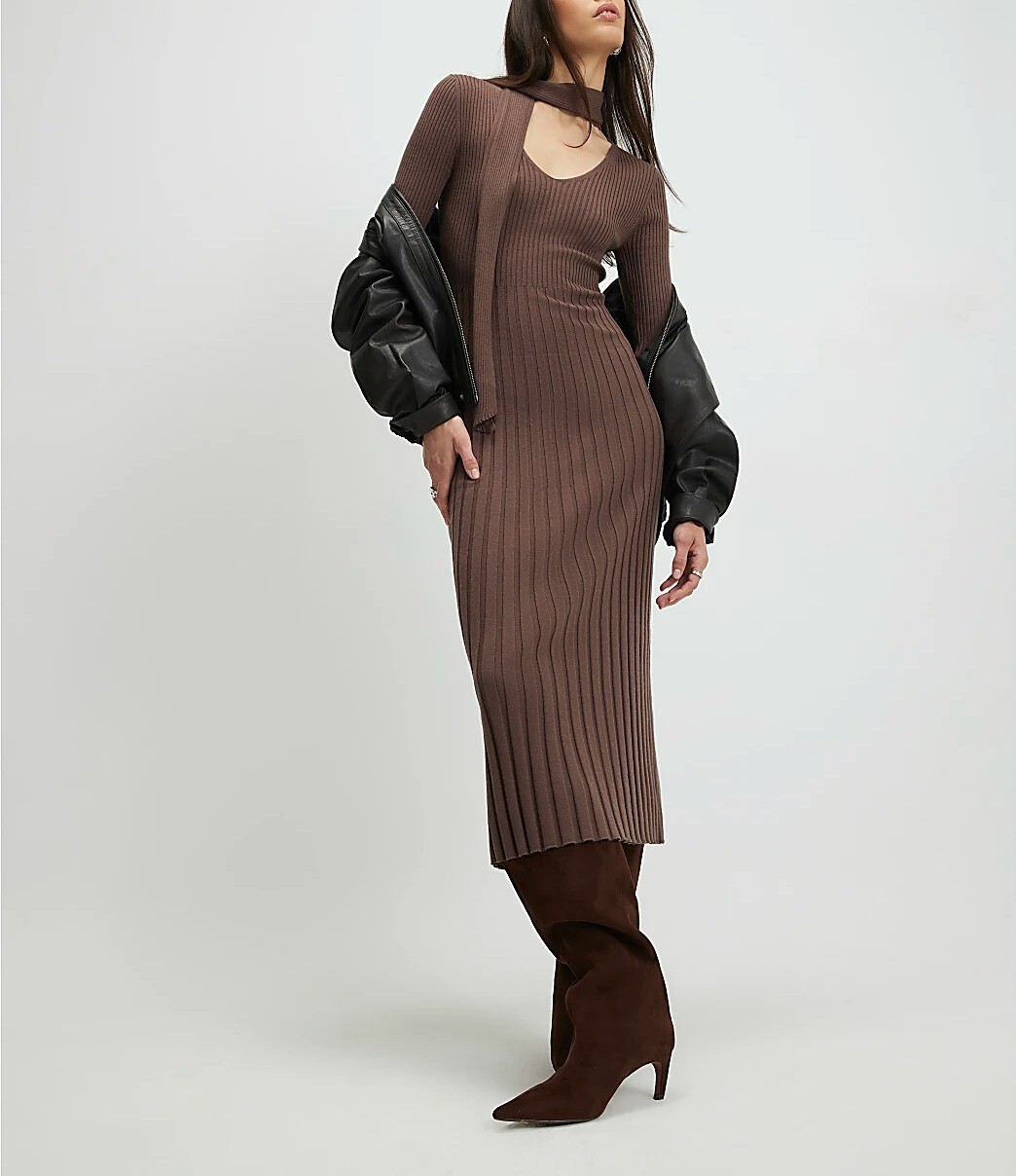Brown Coco咖啡色園巾羅紋Midi Dress