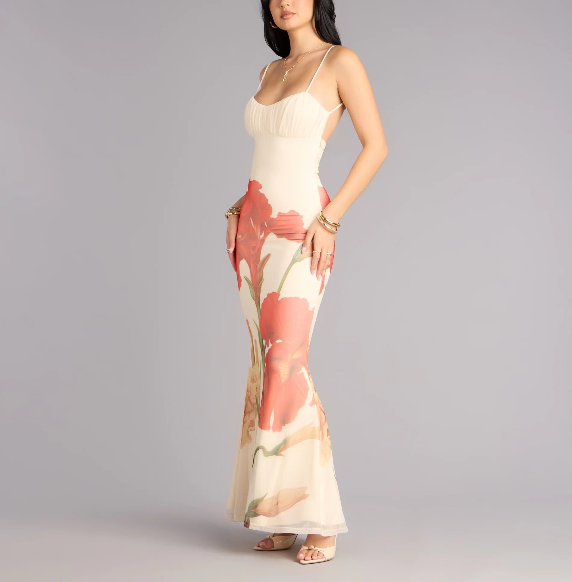 Ivory米白色花卉印花露背人魚Dress