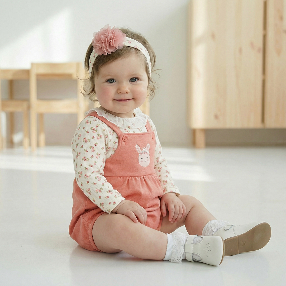 PIPPY 甜美印花荷葉領兩件式可愛小兔吊帶褲3入組禮盒 粉橙