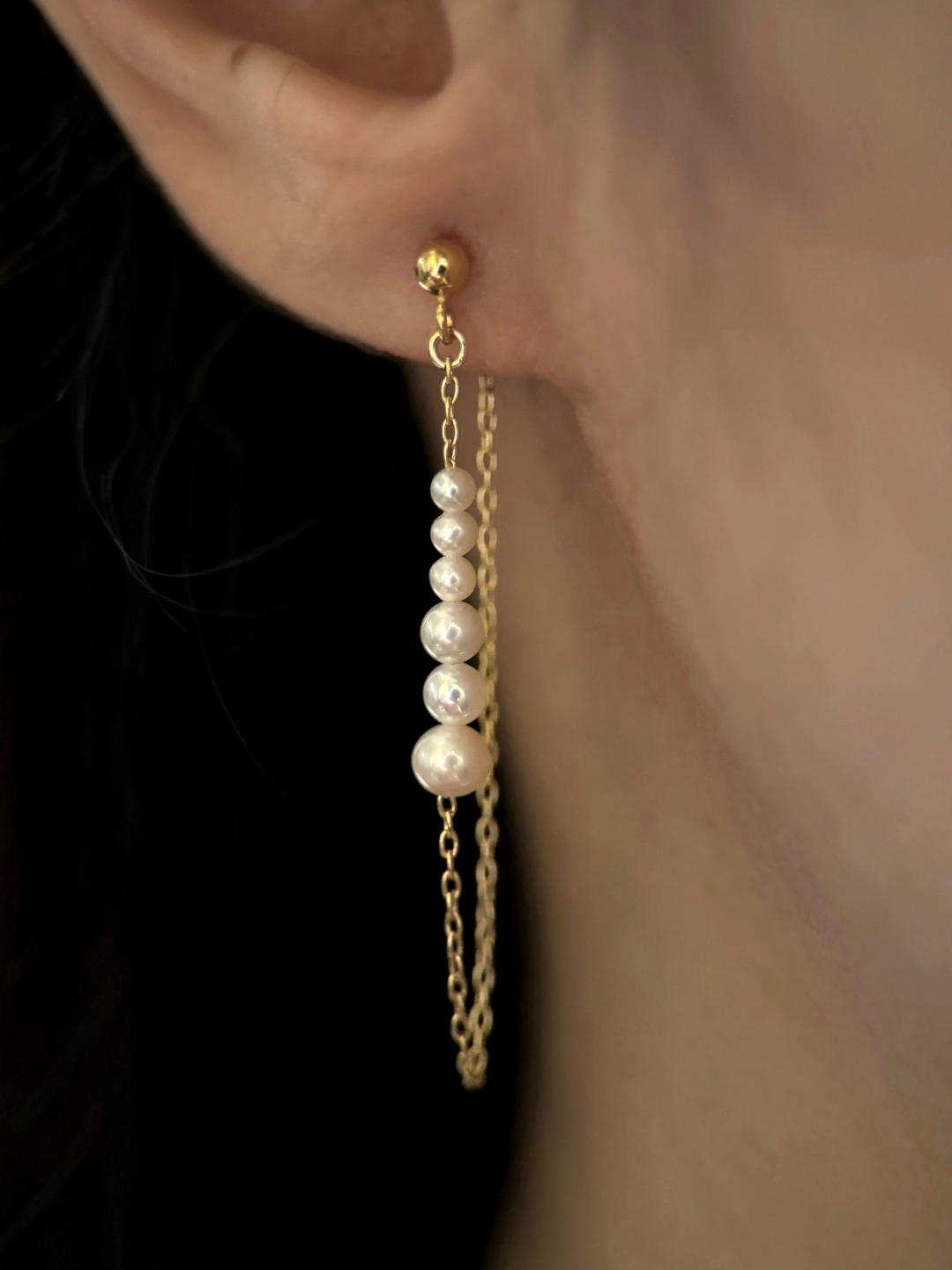 日系疊疊珍珠後掛式耳環