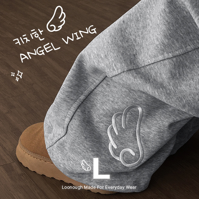 【預購】韓國 Loonough 天使翅膀 褲腳刺繡 Angel Wing Slit Line 寬版 棉褲 長褲