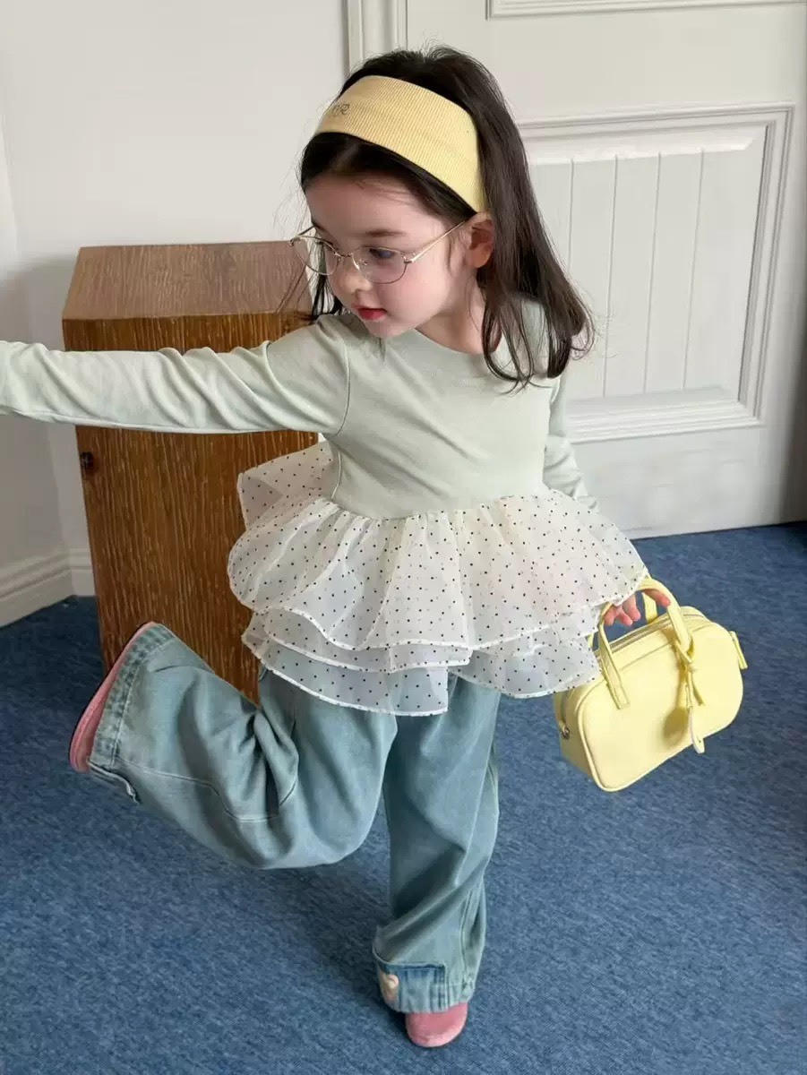 韓系波點網紗拼接上衣