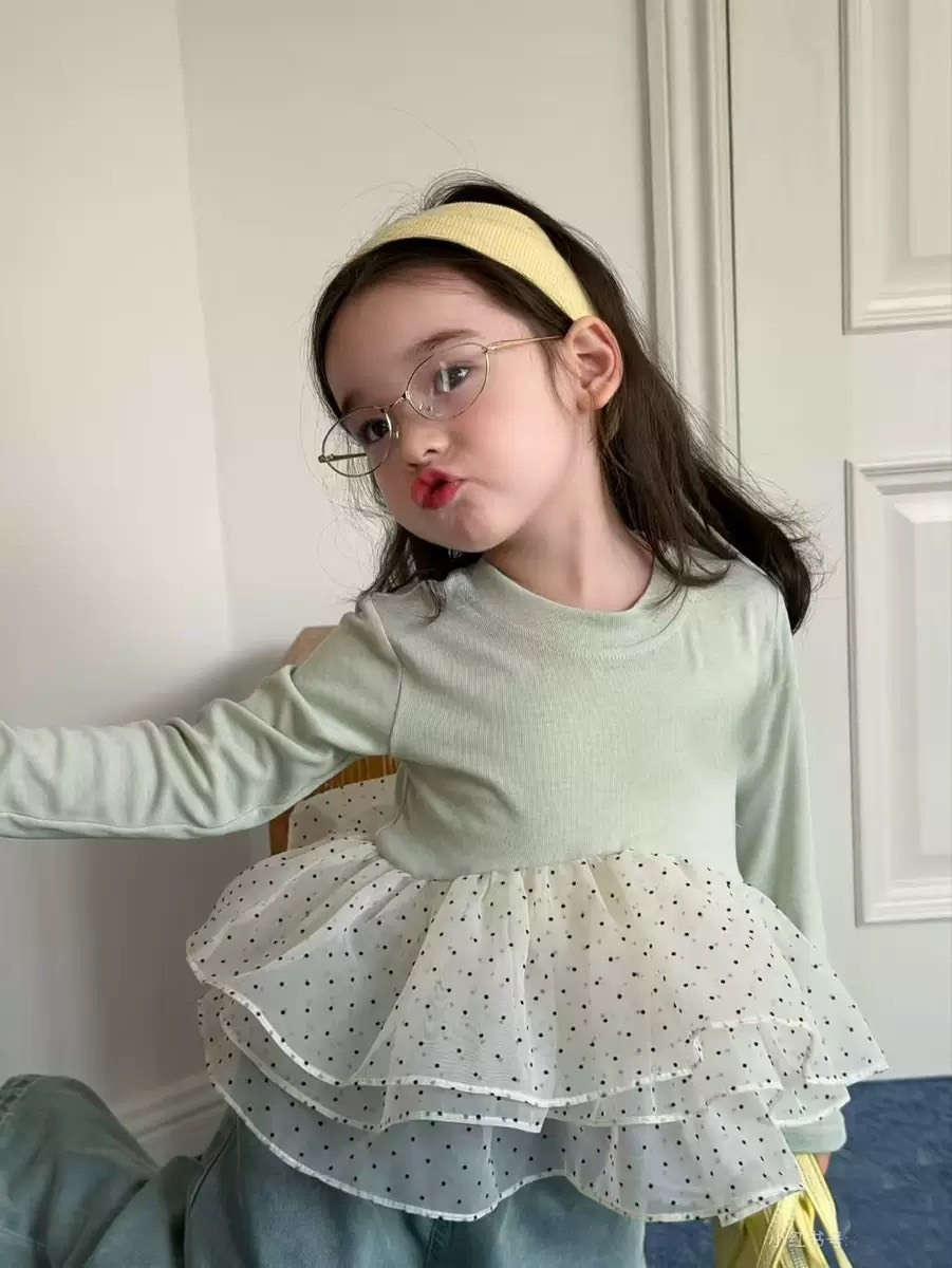 韓系波點網紗拼接上衣