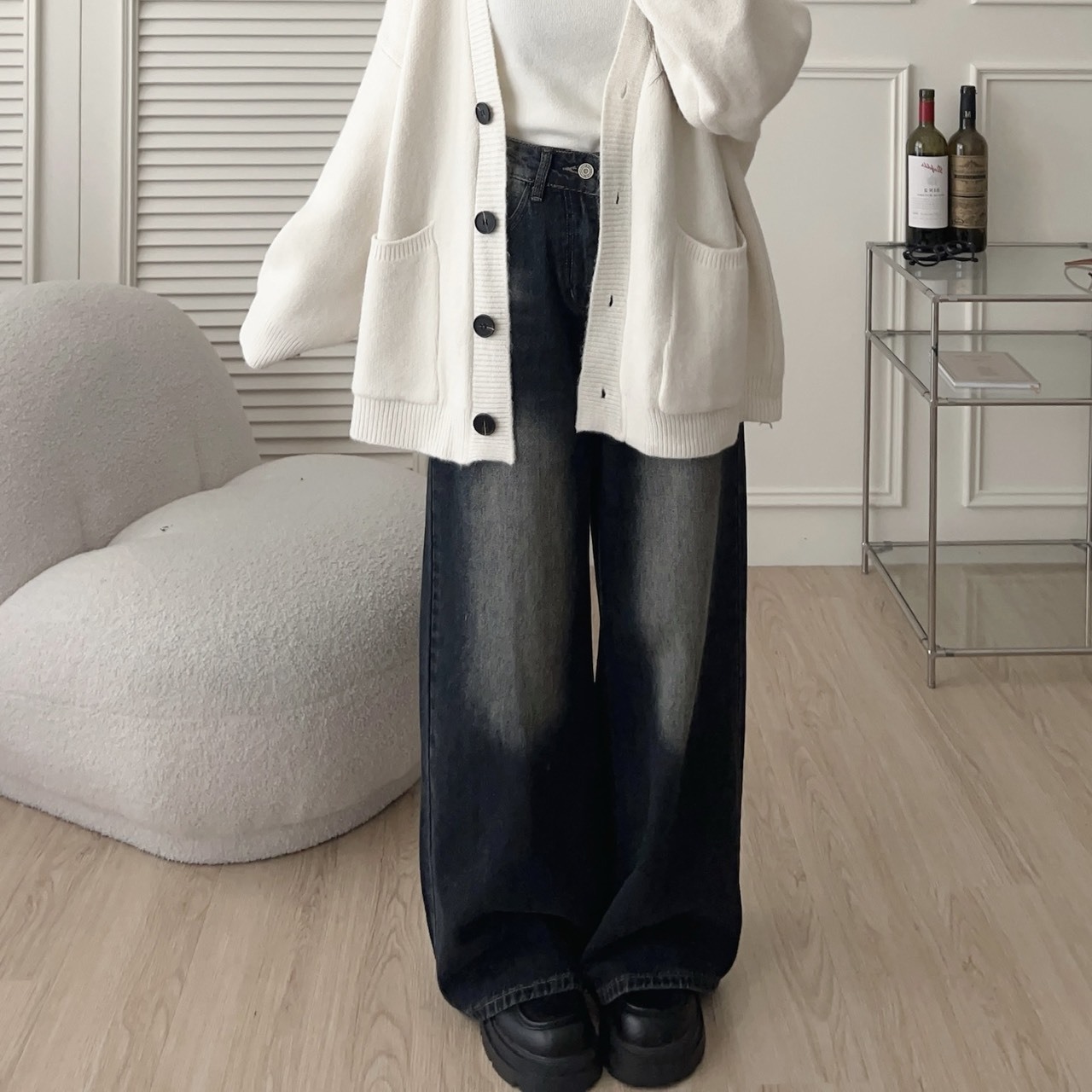 「FOR GIRLS」NJ283 直腿密碼 黑灰刷白直筒牛仔褲 梨形友善!!