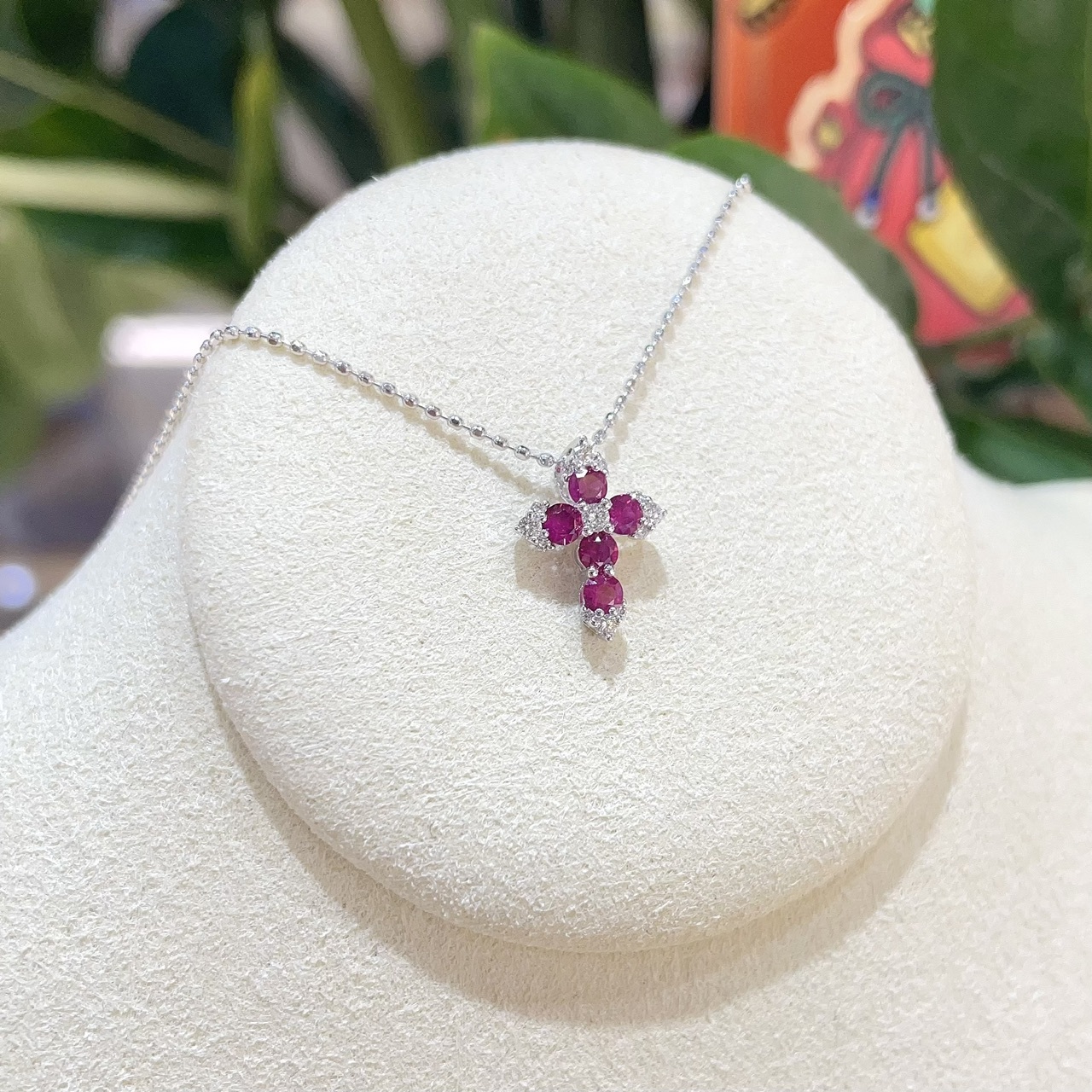 18K金天然紅寶石鑽石吊墜-迷你十字架