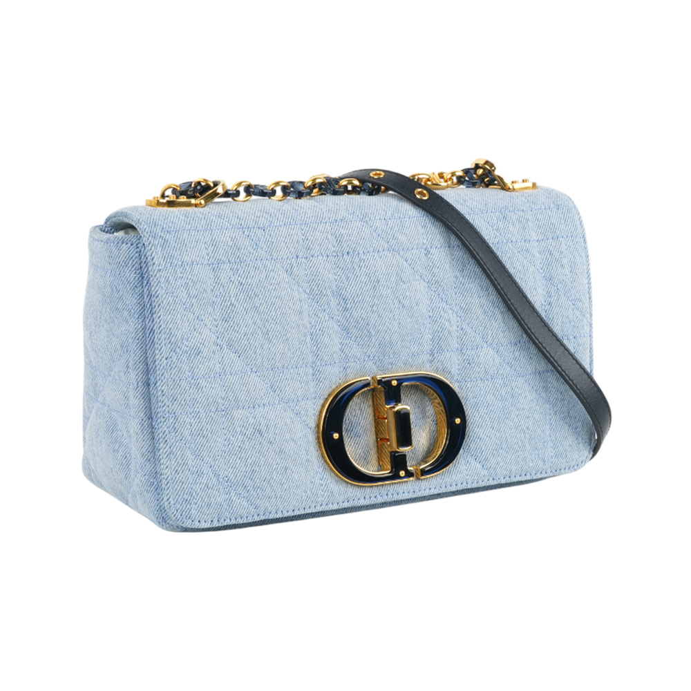 【CHRISTIAN DIOR】Caro 琺瑯釦牛仔中型翻蓋二用包(牛仔藍)
