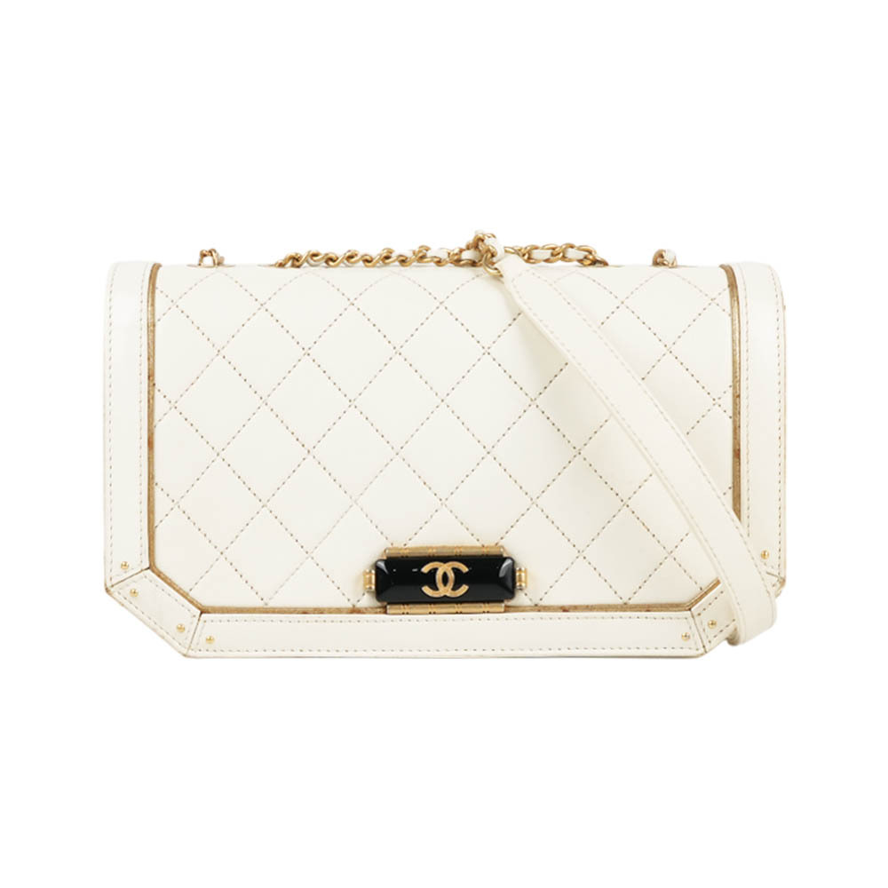 【CHANEL】CC Logo 黑金釦縫線菱格紋肩背包/斜背包(白色)