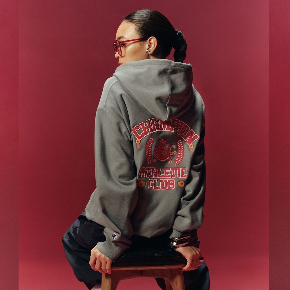 男女款- CNY系列-馬年系列-LOGO刺繡 棉質長袖帽T-藍綠色（U6ASWSU106M-605）