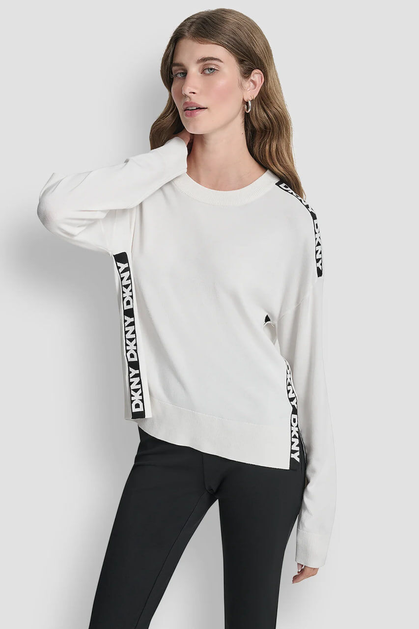 [S] DKNY IVORY/BLACK LONG SLEEVE LOGO TAPE LUREX SWEATER, P5MSZJ92-IVK (SD1714)