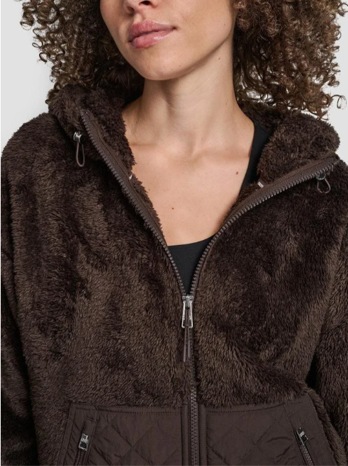 [S] DKNY ESPRESSO HOODED SHERPA JACKET WITH DIAMOND QUILTED COMBO, DP5J9649-ESP (SD1722)