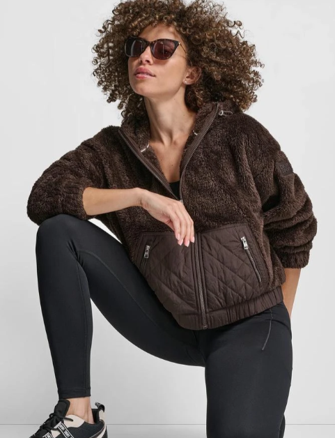 [S] DKNY ESPRESSO HOODED SHERPA JACKET WITH DIAMOND QUILTED COMBO, DP5J9649-ESP (SD1722)