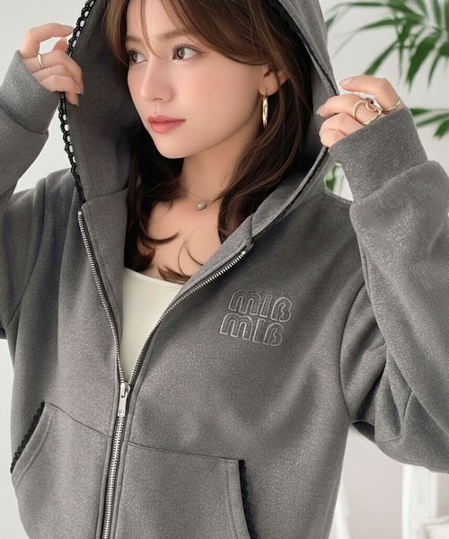 日本🇯🇵連線 Mily Bilet Logo拼貼閃亮蕾絲雙拉鍊連帽衫 蕾絲 亮片 短版 雙拉鏈 連帽 外套 長袖 3色(任買兩件711免運)/預購