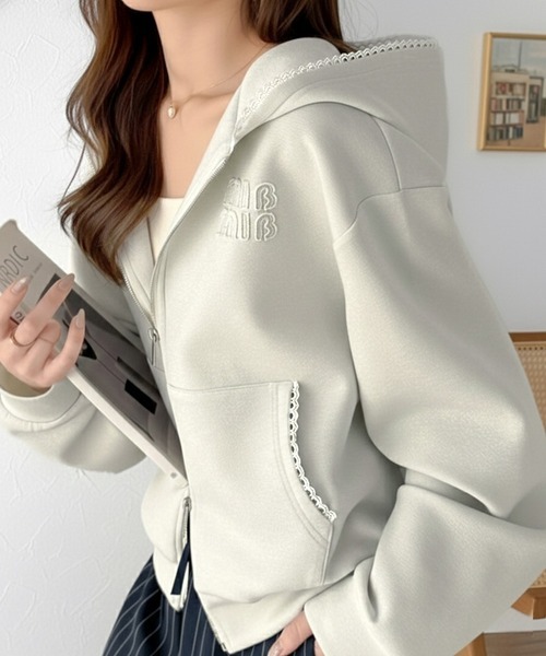 日本🇯🇵連線 Mily Bilet Logo拼貼閃亮蕾絲雙拉鍊連帽衫 蕾絲 亮片 短版 雙拉鏈 連帽 外套 長袖 3色(任買兩件711免運)/預購