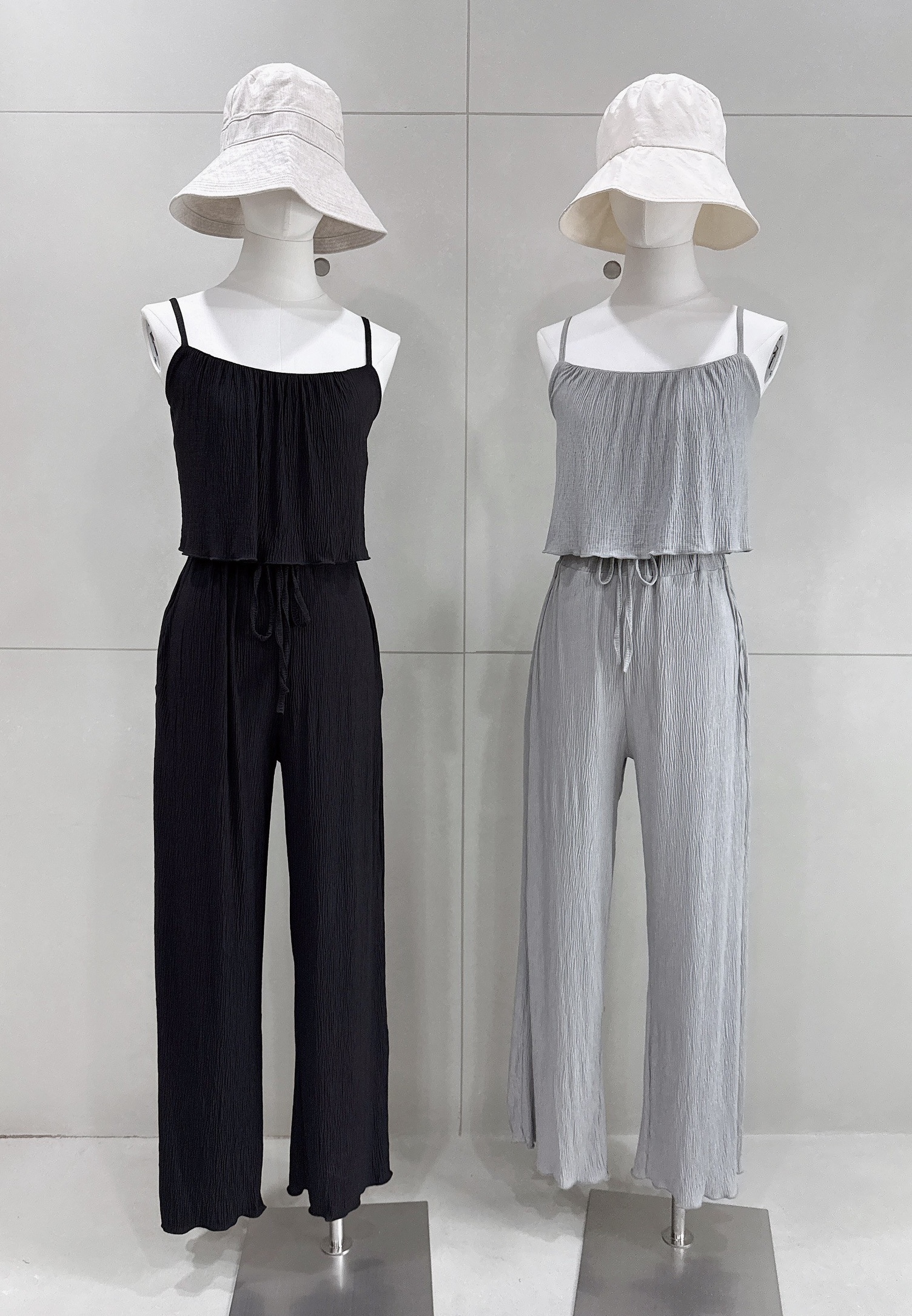 肩可調壓紋短背心+壓紋寬褲