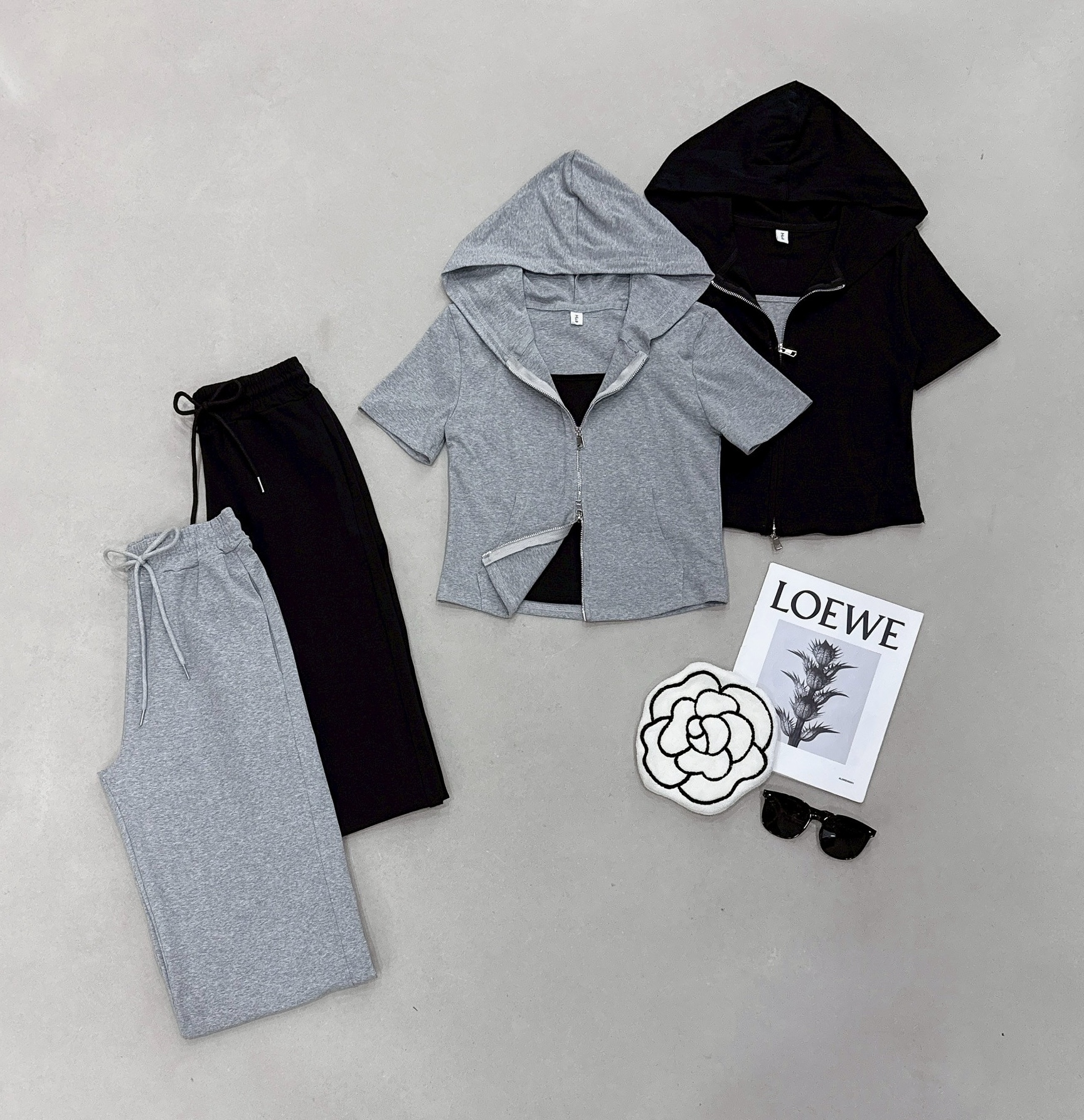 假兩件雙拉鍊連帽衣+抽繩寬褲