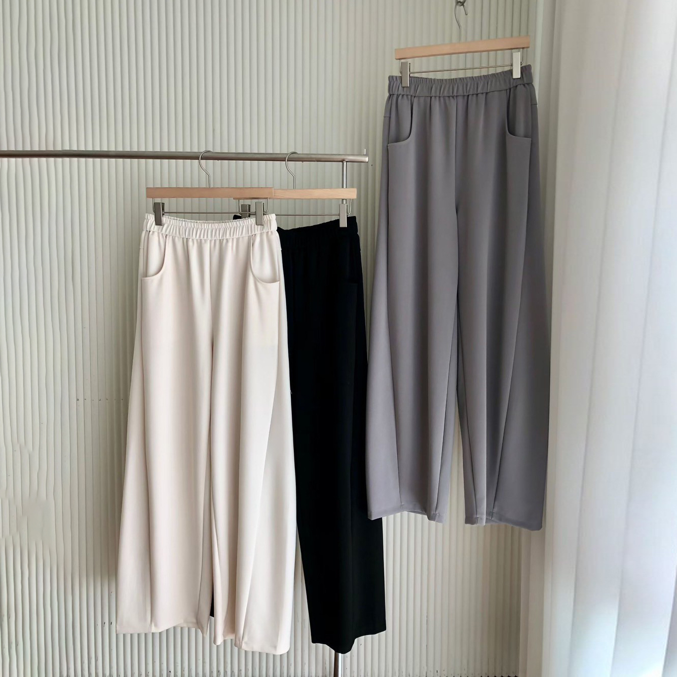腰鬆緊側打褶造型直筒棉褲-F / 3色