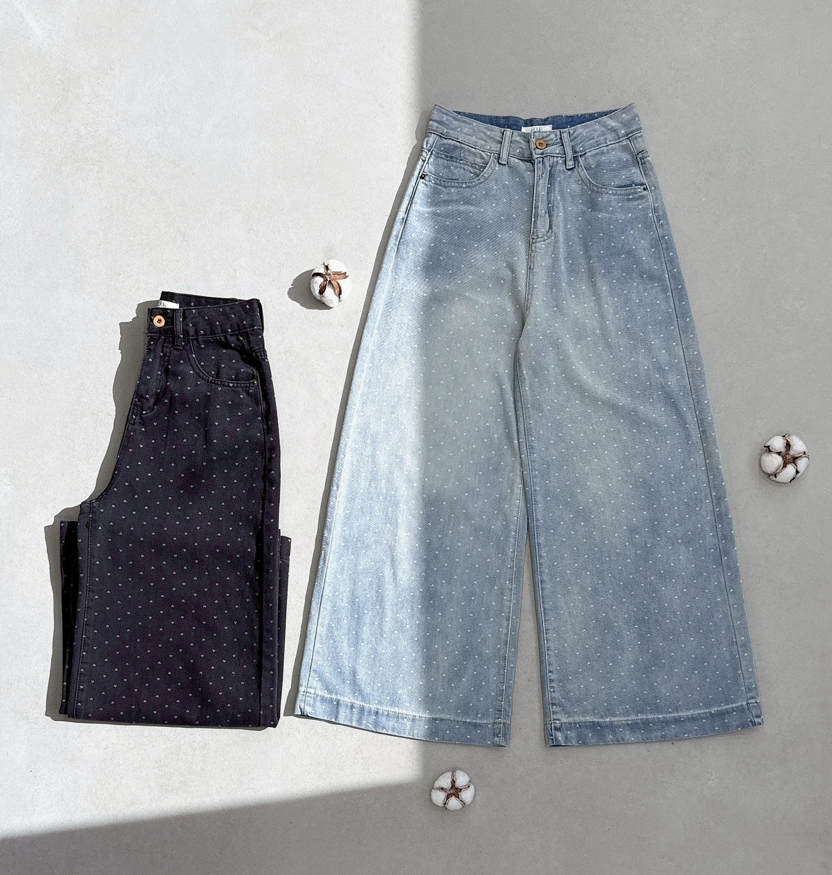 韓款滿版小愛心牛仔寬褲 81176