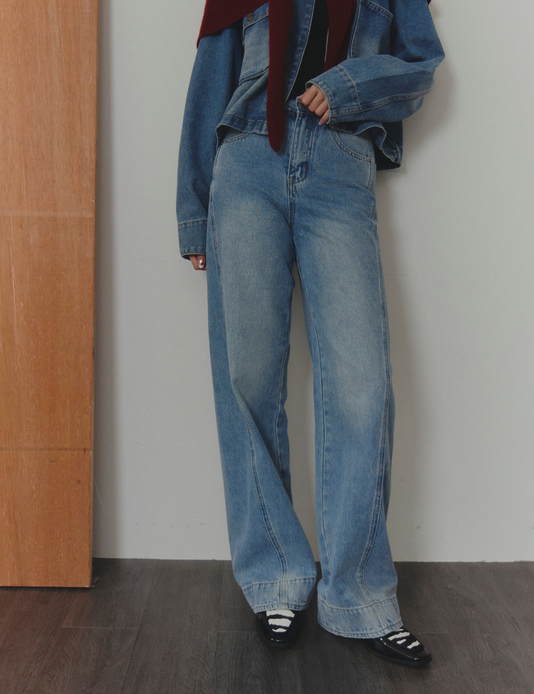 斜線下剪接直筒牛仔褲（6尺寸）