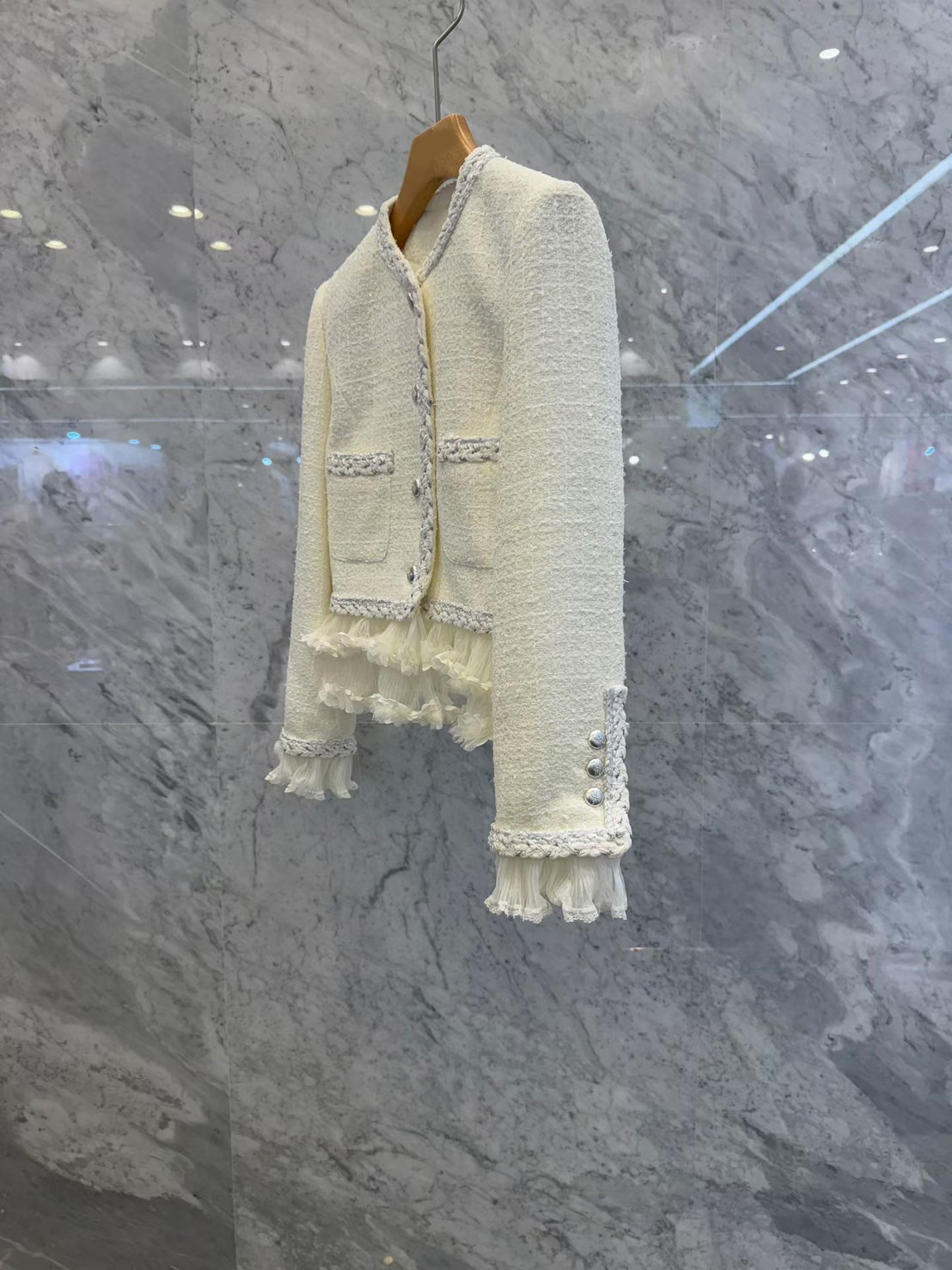 配色編織滾邊下擺拼接百摺造型小香外套