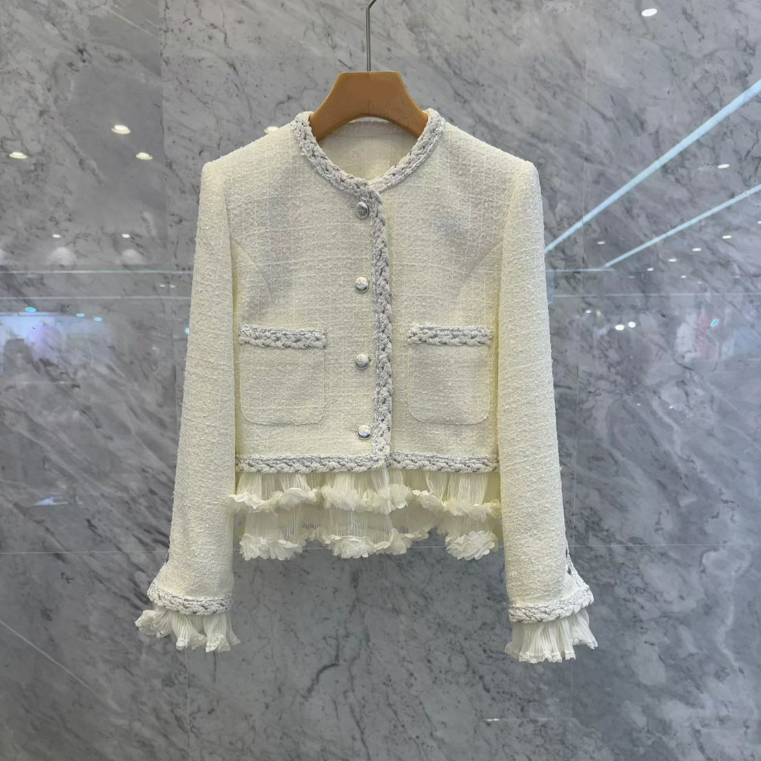 配色編織滾邊下擺拼接百摺造型小香外套