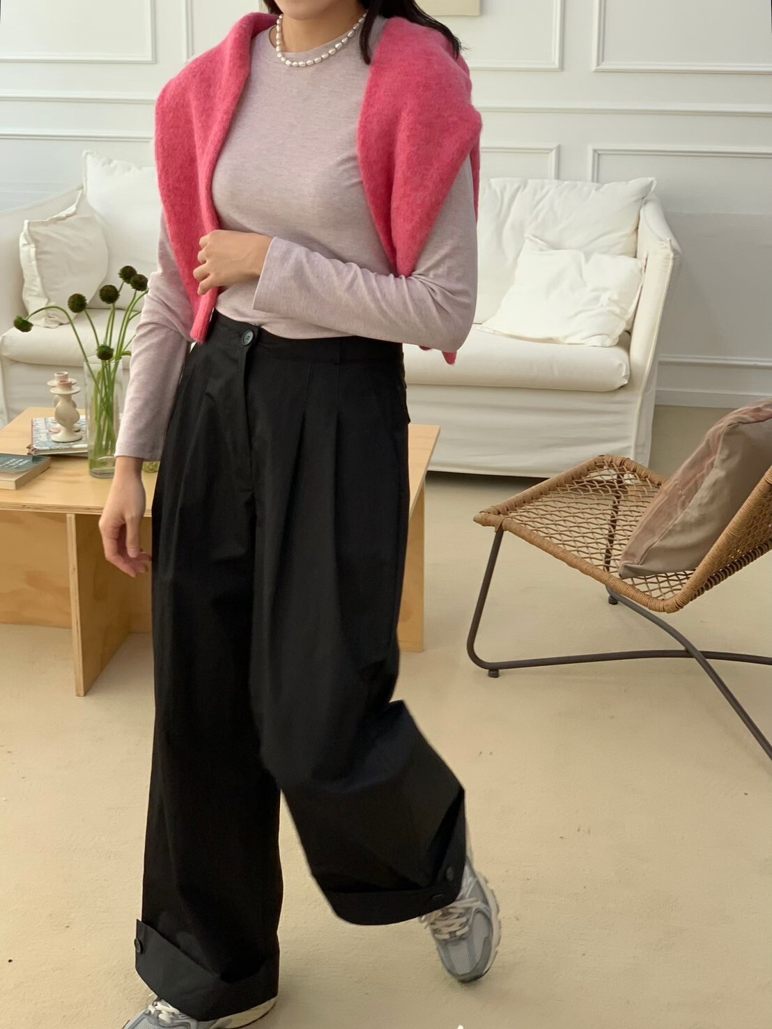 褲管反摺雙釦造型打褶落地直筒褲-S-Ｍ / 2色