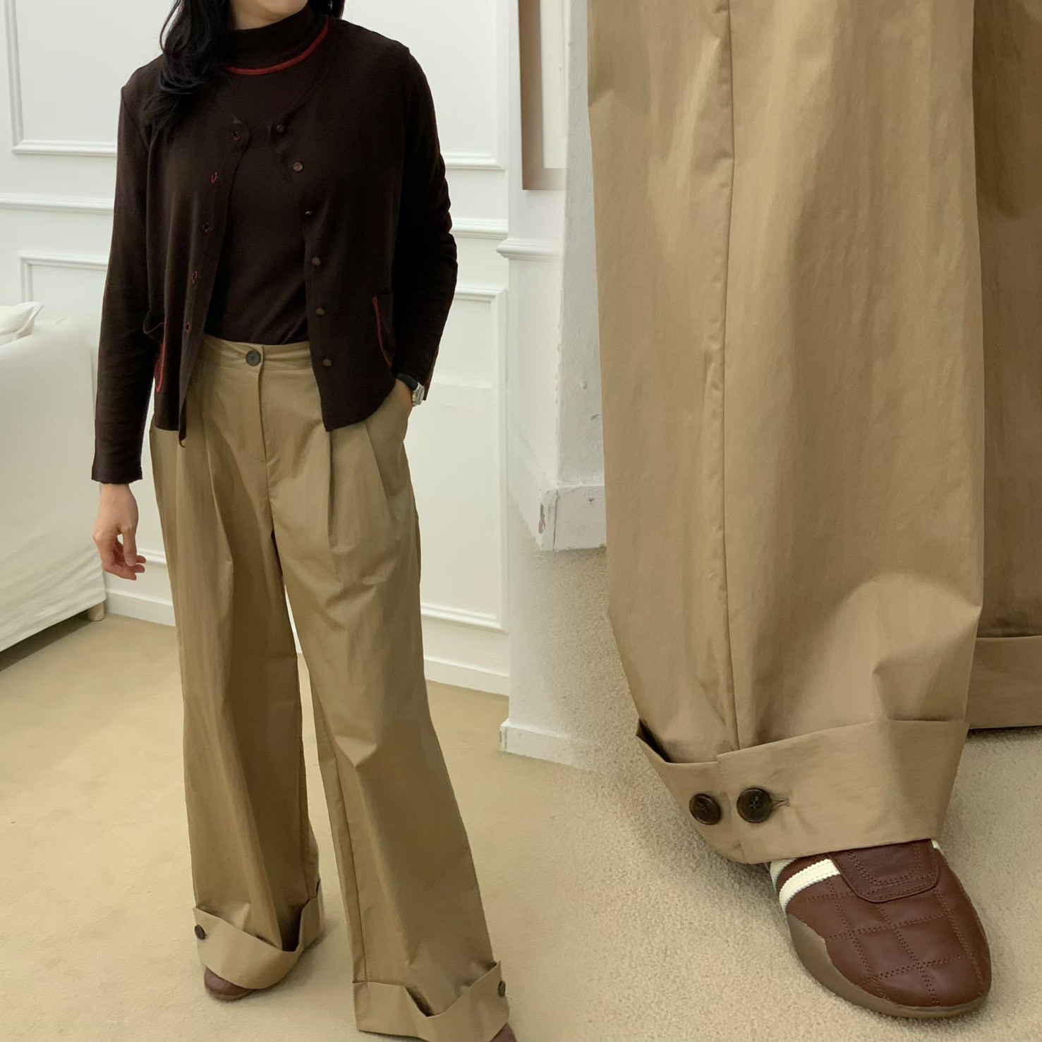 褲管反摺雙釦造型打褶落地直筒褲-S-Ｍ / 2色