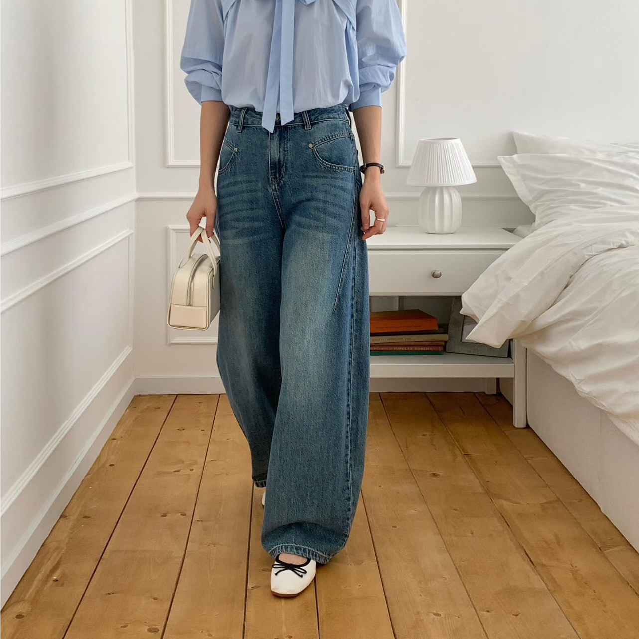 復古微刷色感落地牛仔寬褲-S-L / 2色